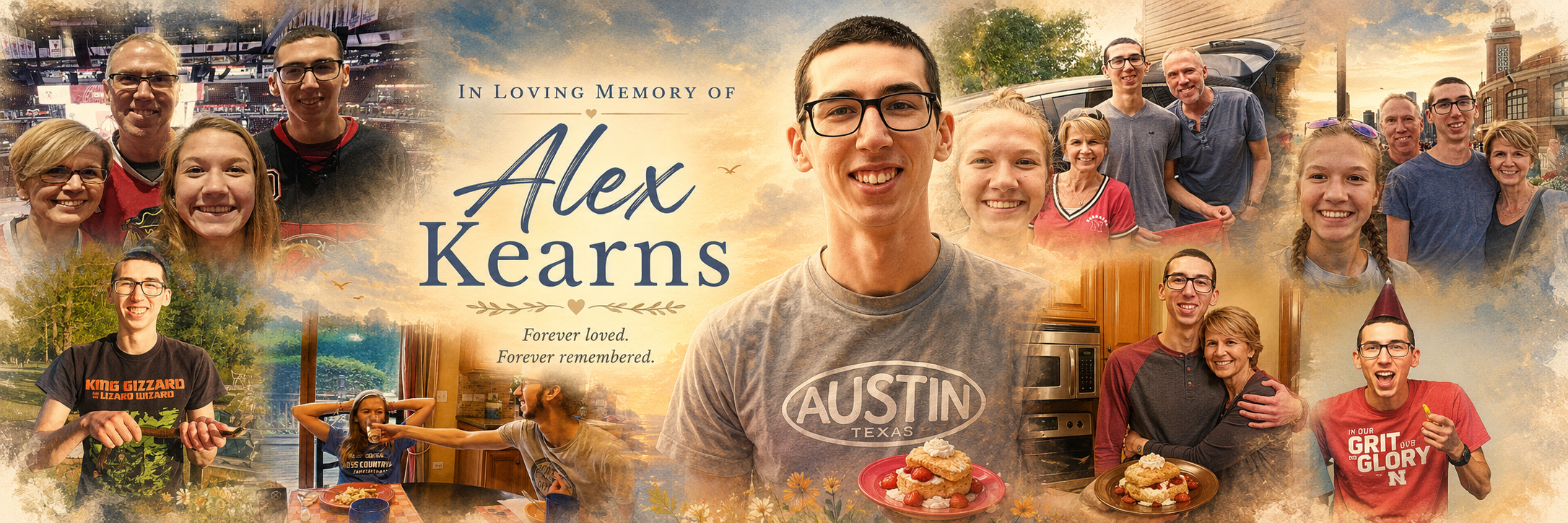 A memorial collage of Alex and his family with the words In Loving Memory of Alex Kearns